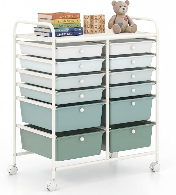 GOFLAME 12-Drawer Rolling Storage Cart, Multipurpose Organizer with 2 Sizes Plastic Drawers, Mobile Utility Cart with Lockable Casters for Home, Office, Beauty Salon, School, Green Gradient by GOFLAME