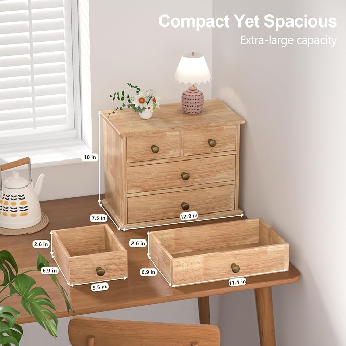 Oak Desk Organizer with Drawers, Durable Wooden Desktop Storage Box | 4 Drawer Tabletop Organizer with Metal Handle & Non-Slip Pad for Office, Bedroom, Bathroom, Vanity, Makeup, Light Burnt Brown - Image 2