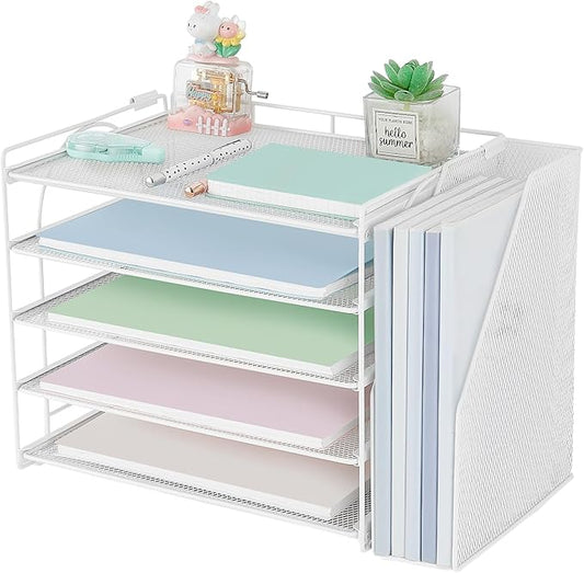 AUPSEN Desk Organizers and Accessories, 5-Tier Desktop Paper File Organizer with Removable File Holder, Desk Accessories & Workspace Organization for Home Office Supplies (White) by AUPSEN