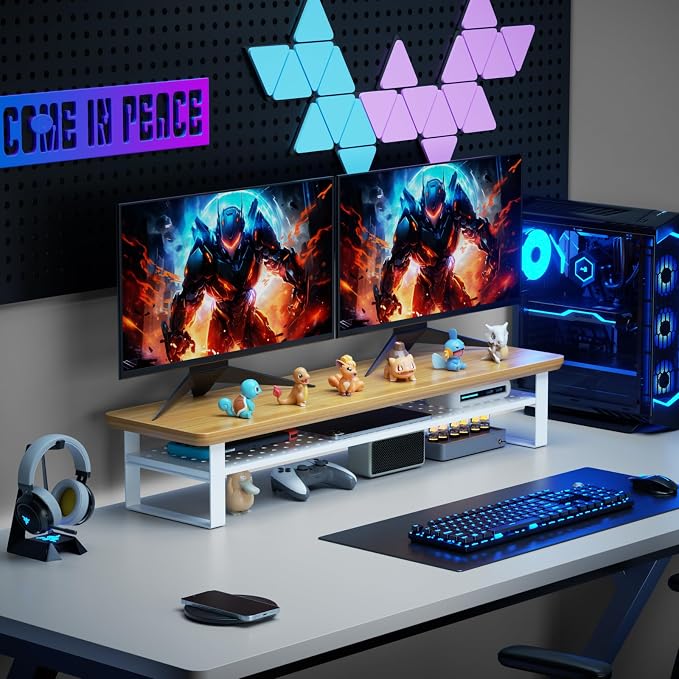 Dual Monitor Stand, 35.4 Inch Monitor Stand Riser for 2 Monitors, 2 Tiers Wood Desk Shelf with Storage, Desktop Organizer Stand for Computer, Laptop, Printer, TV - Image 8