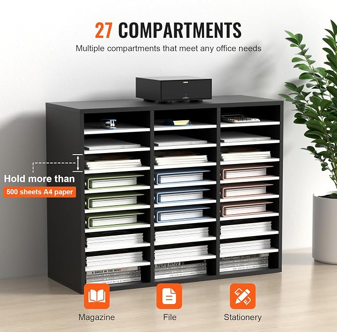 VEVOR 27 Compartments Wood Literature Organizer, Adjustable Shelves, Medium Density Fiberboard Mail Center, Office Home School Storage for Files, Documents, Papers, Magazines, Black+White - Image 4
