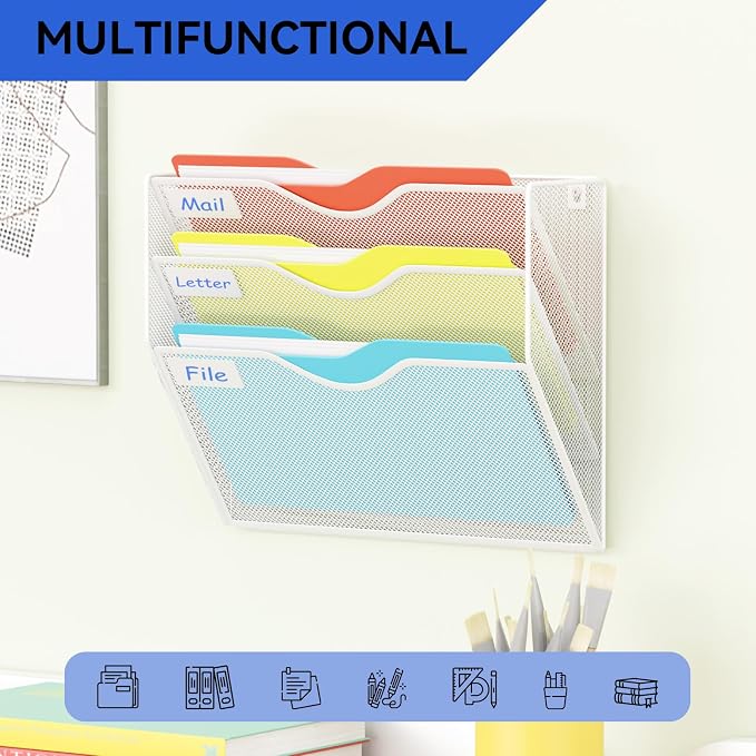 3 Pockets Hanging Wall File Organizer Mail Holder, Wall Mounted Paper Document Folder Holder, Clipboard Storage Organization Magazine Rack, White - Image 6