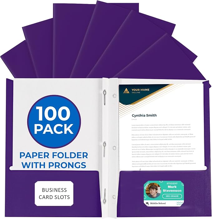 100 Pack Purple 2 Pocket Paper Folders. EPI Heavy Duty, Bulk Folders with Pockets, Prongs and Business Card Slots. Letter Size Document Organizers. Durable Portfolio for School, College, Office Files by EPI
