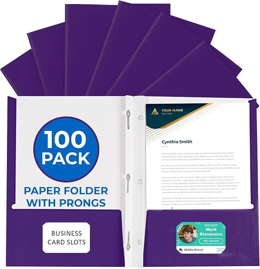 100 Pack Purple 2 Pocket Paper Folders. EPI Heavy Duty, Bulk Folders with Pockets, Prongs and Business Card Slots. Letter Size Document Organizers. Durable Portfolio for School, College, Office Files by EPI