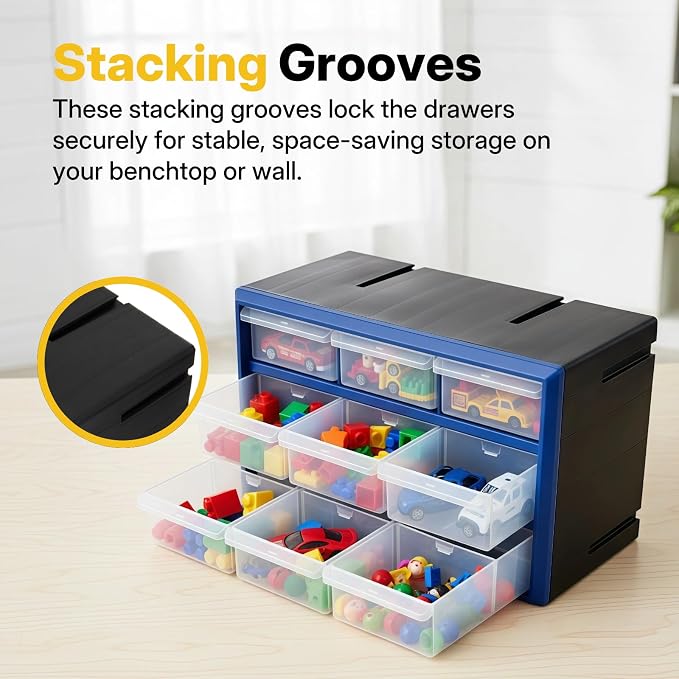 NORTHSKY 9-Bin Small Parts Cabinet, Stackable, Blue, 14.17 × 7.09 × 9.45 in 9 * Blue (9 Drawer & Clear) - Image 5