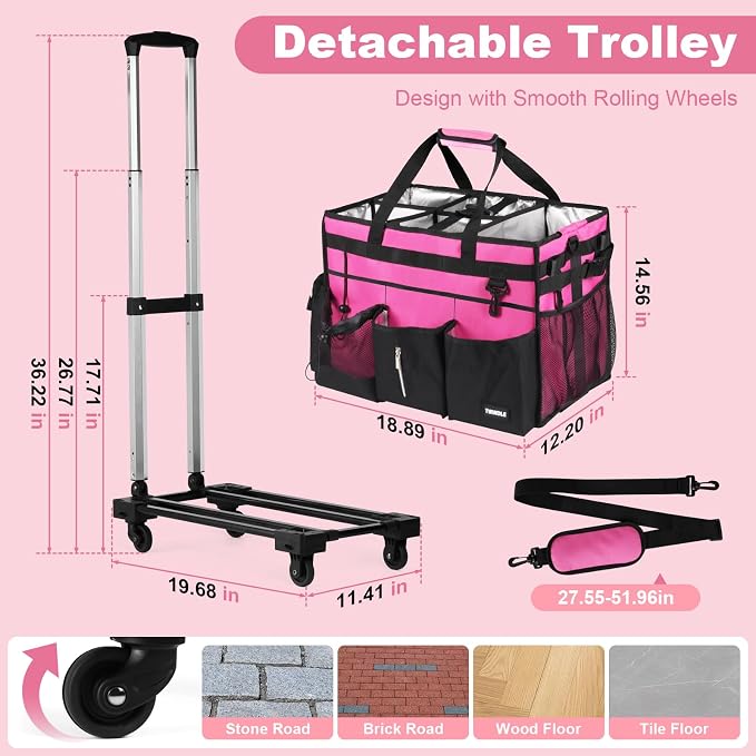 Extra-Large Rolling Cleaning Caddy with Wheels,Cleaning Caddy Bag with Detachable Trolley,Water Resistant Lining Cleaning Supply Organizer with Handle for Cleaners,Housekeepers - Image 2