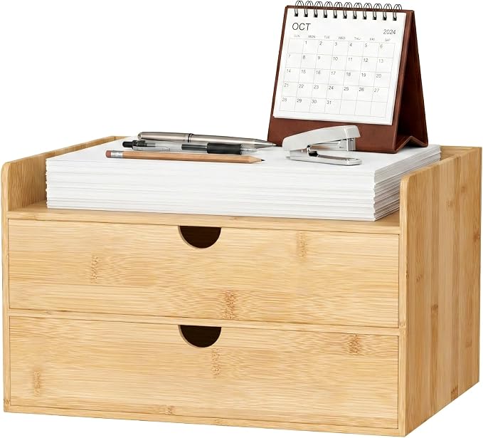Bamboo Desk Organizer with Drawers, Desktop Storage for Office Supplies | 2 Drawers Desktop organizer, No Assembly Required, Natural Wood Wooden Desktop Drawers Box for Bills, Cosmetics, Seals, Paper by Wisuce