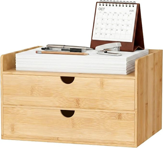 Bamboo Desk Organizer with Drawers, Desktop Storage for Office Supplies | 2 Drawers Desktop organizer, No Assembly Required, Natural Wood Wooden Desktop Drawers Box for Bills, Cosmetics, Seals, Paper by Wisuce