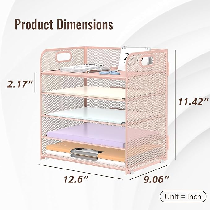 5 Trays Paper Organizer Letter Tray with Handle-Mesh Desk File Holders, Paper Sorter Desk Organizer for Office, Home, Classroom or School, Pink - Image 6
