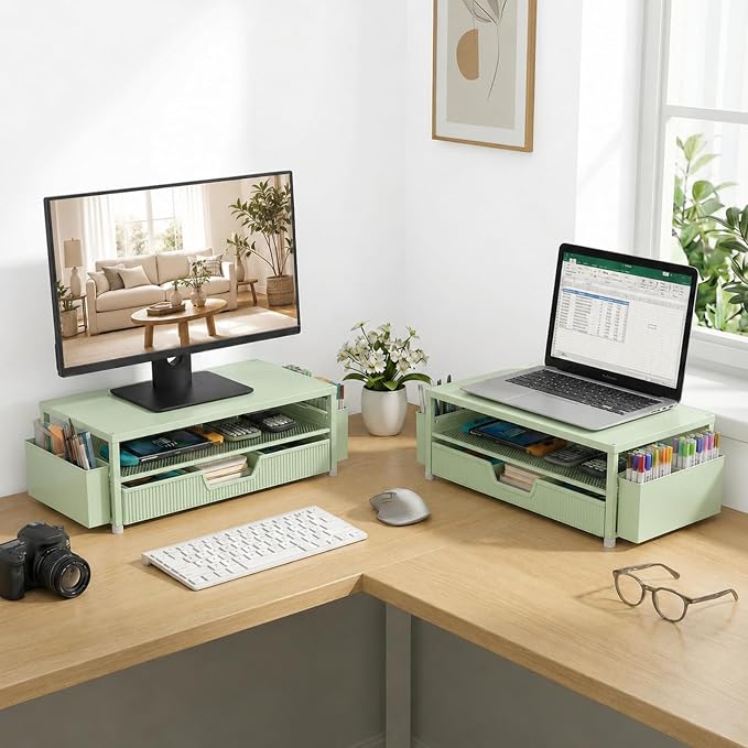 ECOLOVI Desk Organizer and Accessories, 2-Tier Computer Monitor Stand Rise with Storage Drawer & 2 Pen Holders, Laptop & Printer Stand for Desktop, Workspace Organizers for Office Supplies (Green) - Image 4