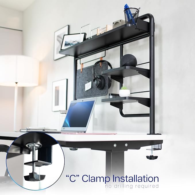 VIVO Black Clamp-on 38 inch Desktop Shelving System, DESK-SHELF38A | Raised Accessory Storage Shelves, Magnetic Memo Board Desk Organizer, Shelving for Sit Stand Workstation - Image 7