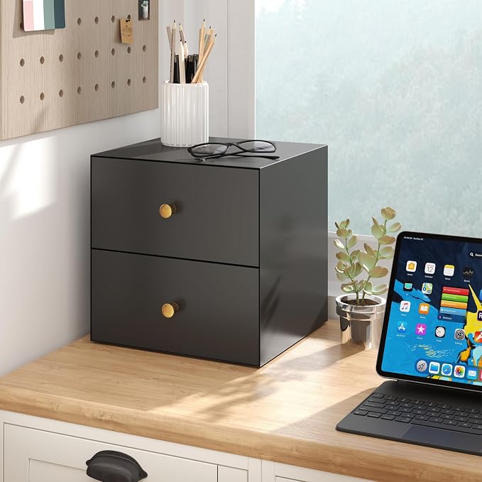 IRONMIX Metal Desktop Organizer with Drawers, Black Countertop Organizer with 2 Drawers, Desk Top A4 Filing Document Storage Organizer for Office Home, Vanity, Kitchen, Garage, No Assembly Required by IRONMIX