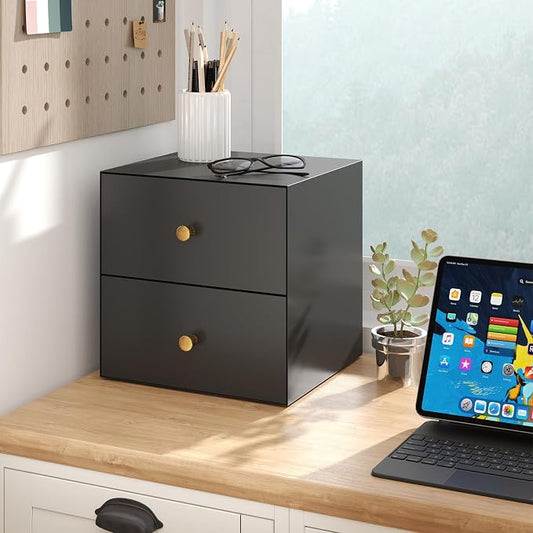IRONMIX Metal Desktop Organizer with Drawers, Black Countertop Organizer with 2 Drawers, Desk Top A4 Filing Document Storage Organizer for Office Home, Vanity, Kitchen, Garage, No Assembly Required by IRONMIX