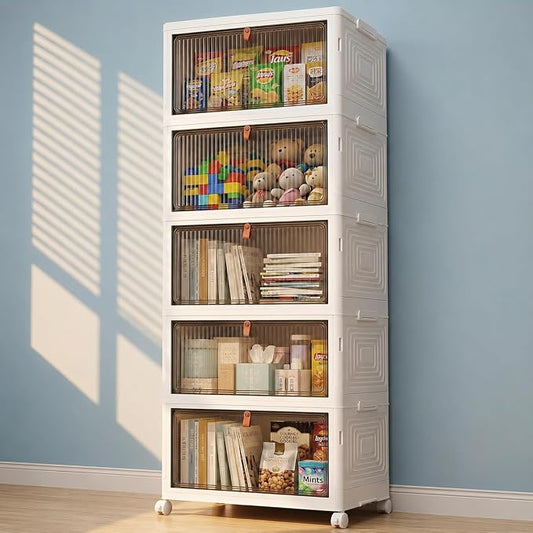 LDQ 170 Qt Large Storage Bins with Lids, 5 Tier Stackable Storage Cabinet with Wheels & Clear Doors, Foldable Plastic Closet Organizer for Bedroom, Bathroom & Kitchen by Unknown