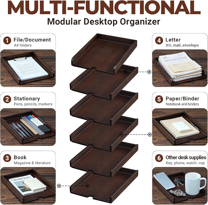 Solid Wood Letter Tray, 6-Tier Pull-Out Paper File & Desk Organizer, Walnut | Stackable Wooden Paper Organizer for A4, Mail & Folders, 5-in-1 Desktop Storage with Tablet Phone Stand for Home Office - Image 5