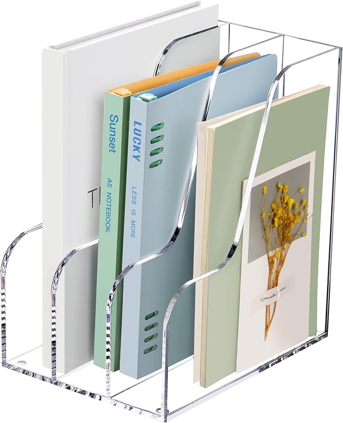 SANRUI Clear Vertical Magazine File Holder, Acrylic Desk Organizer and Storage Bins Holding for Magazines Binders, Notebooks, Envelopes A4 Folder Binder Holders Sorter, 3 Compartments by SANRUI