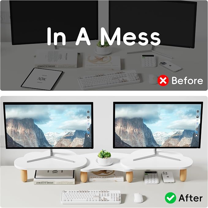 AFOOYO Dual Monitor Stand Riser,Rainbow Cloud Desktop Computer Stand for 2 Monitors,Adjustable Length and Angle Multifunctional Desktop Organizer Stand for Laptop, PC, Computer, Printer,White - Image 3