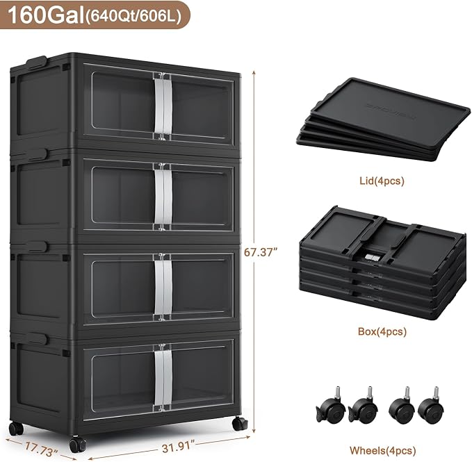 BROVIEW 640QT Stackable Storage Bins with Lids, 160Gal Extra Large Collapsible Storage Box with Wheel, Plastic Storages with Clear Door Open Front for Home Kitchen Garage, Black-4pack - Image 2