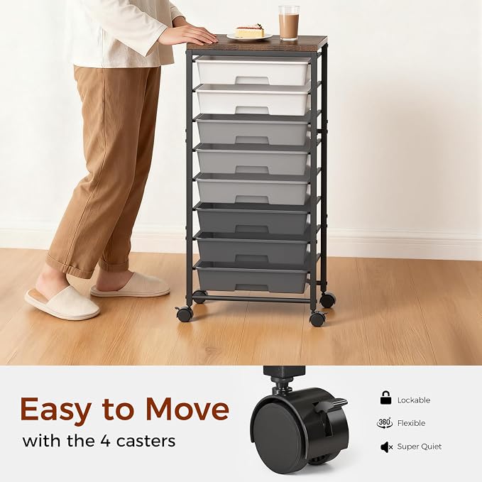 Rolling Cart with 8 Drawers, Plastic Drawer Storage Carts with Wheels & Wooden Tabletop, Metal Utility Cart Organizer for Bedroom Living Room Office Classroom Craft Organization and Storage, Grey - Image 5