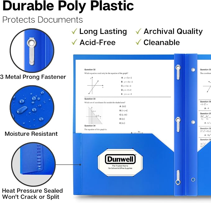 Dunwell Plastic 2-Pocket Folders with 3 Prongs, Blue, 12 Pack | Durable Acid-Free Poly with Fasteners, Long-Term School & Office Use, Labels Included - Image 2