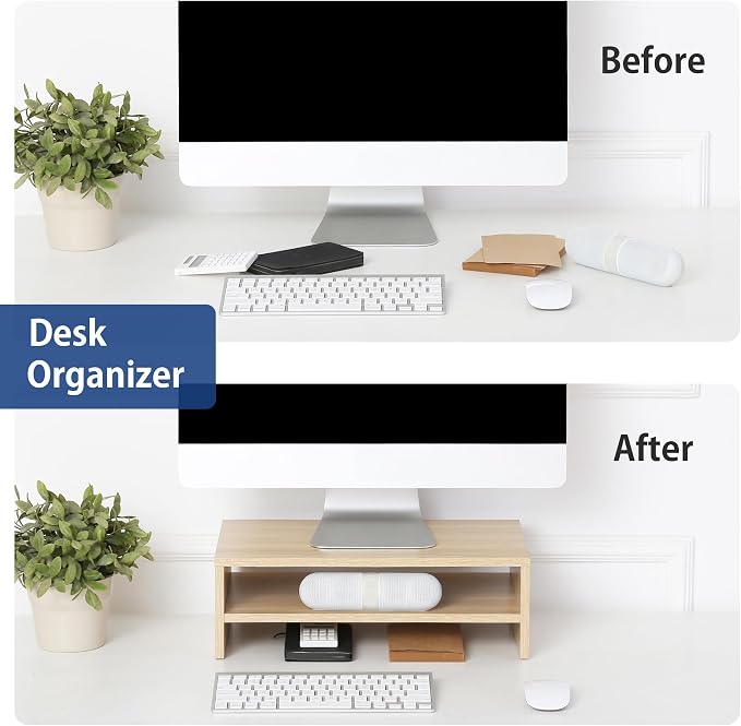 FITUEYES Wooden Monitor Stand Riser, 2-Tier Desk Storage Shelf, Oak | 16.7-Inch Desktop Organizer Fits Laptop, Computer Screen and Office Supplies - Image 2