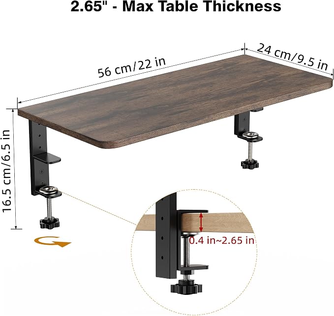 Desk Extender, 22-inch Clamp-On Desk Shelf, Height-Adjustable Desktop Shelf Organizer for Monitors Office and Gaming Accessories, Arm Support Table Extension, 44lbs Heavy Duty, Dark Brown - Image 2