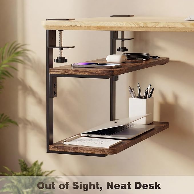 2-Tier Desk Extender, 22-inch Clamp-On Desk Shelf, Height-Adjustable Desktop Shelf Organizer for Monitors Office and Gaming Accessories, Arm Support Table Extension, Dark Brown - Image 7