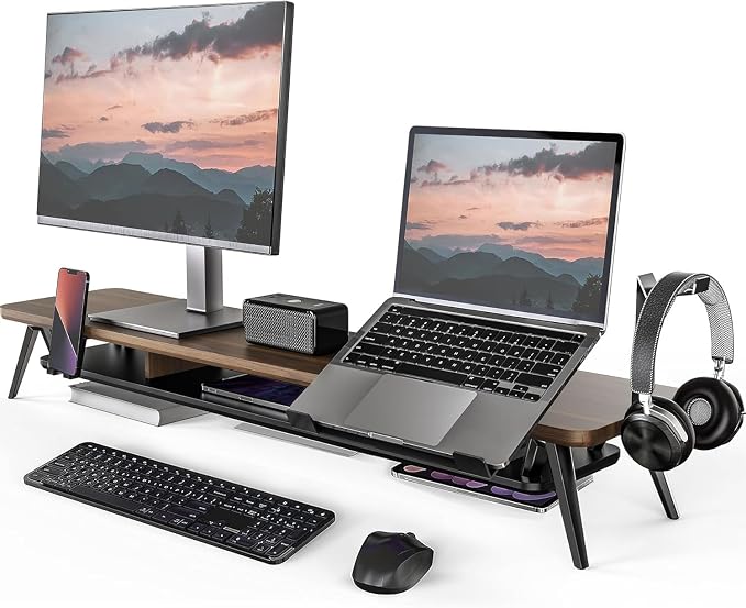 Fenge 42.5-Inch Monitor Stand Riser with Laptop, Phone & Headphone Holders | 10° Adjustable Laptop Holder, 2-Tier Storage, Dual Monitor or Monitor-Laptop Setup, Ideal for Multitasking, Gaming, Streaming by Fenge
