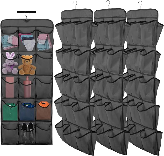 3Pcs 30 Large Pockets Dual Sided Hanging Shoe Organizer Double-Side Closet Storage Shelves with Rotating Hanger Space Saving Storage Bag Portable Shoe Rack Holder for Bedroom Laundry Room,Black by TKSDWBLTY
