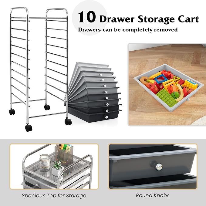 Giantex 10-Drawer Storage Cart w/Universal Wheel, Rolling Cart w/Handle, Home Organizer Storage Unit w/Removable Drawers, Trolley Utility Cart for Kitchen Makeup Living Room Office Play Room - Image 5