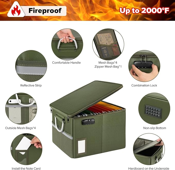 TOMKID Fireproof Document Box, Fire Proof Safe Box for Home Document Organizer with Lock, Fire Organizer Office Storage Cabinet for Hanging Letter/Legal Folder 16.1 x 12.9 x 11in (Green) - Image 3