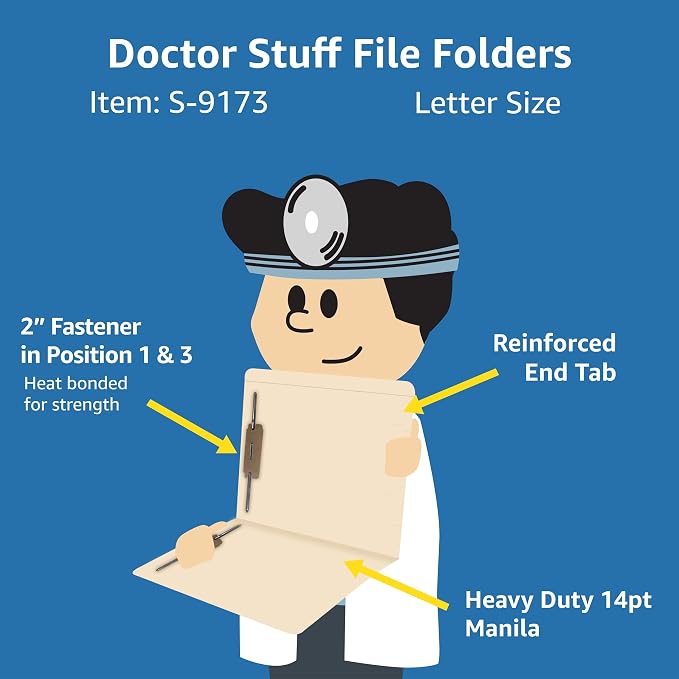 Top Tab Manila File Folders, Doctor Stuff, Reinforced Folder with Tab on Top, Full Cut, Two 2" Bonded Fastener on Inside Front and Back, 14 pt Manila Stock, Carton of 250 - Image 2