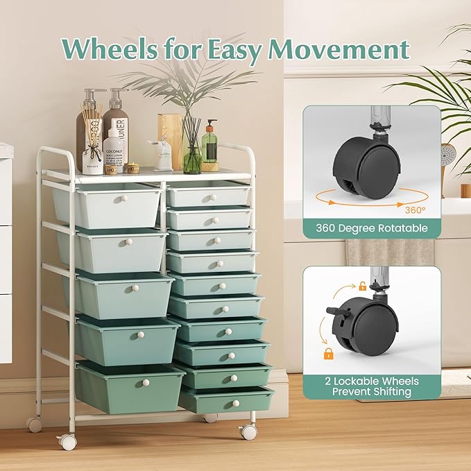 COSTWAY 15 Drawer Rolling Storage Cart, Mobile Storage Organizer | Removable Drawers & Metal Frame, Multipurpose Utility Tools Paper Organizer on Wheels for Home, Office (Green Gradient) - Image 5