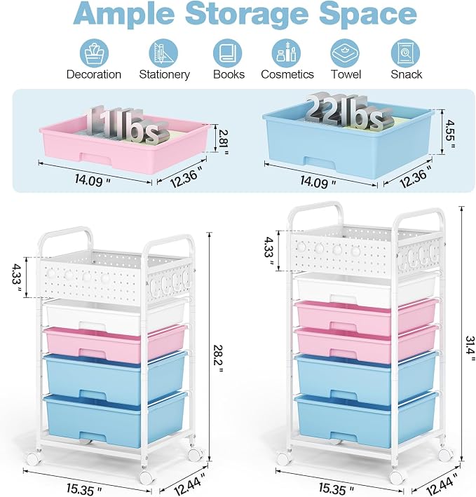 4 Drawer Rolling Storage Cart with Pegboard Top and Hooks, Pink&Blue | Mobile Organizer Cart with Wheels for Office Supplies, Craft Storage, Classroom Organization, Home Utility Cart - Image 2