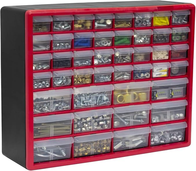 Akro-Mils 44-Drawer Plastic Drawer Storage Cabinet for Garage Organization, Bead Organizer, Building Bricks Storage, Teacher Toolbox, Makeup Organizer, 20-Inch W x 6-Inch D x 16-Inch H, 10144 Red - Image 9