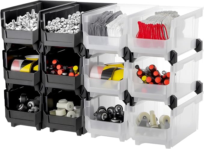 VEVOR Plastic Stackable Storage Bins, 14.8 x 8.5 x 7.1 inch (12 Pack), Plastic Containers for Organizing & Storage Bins for Garage, Small Parts, Office Supplies, Other Accessories, Black & Transparent by VEVOR