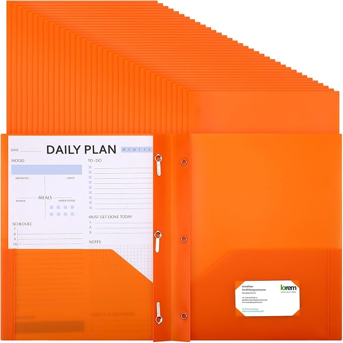 Cholemy 72 Packs Pocket Folders with Prongs Heavy Duty Plastic Folder with Business Card Slot 3 Prong Fasteners for School Office (Orange) by Cholemy