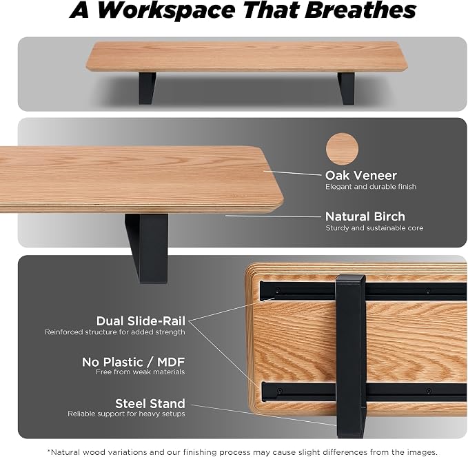 Moodular Wooden Monitor Stand Desk Organizer, Standard 33.4" Oak | Customizable Organized Workspace, Aluminum Slide Rails, 10 Add-Ons Sold Separately: Storage Drawer, Tablet, Phone & More - Image 3