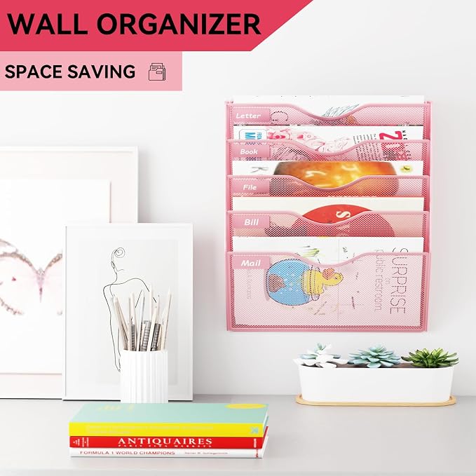5 Pockets Hanging Wall File Organizer Mail Holder, Wall Mounted Paper Document Folder Holder, Clipboard Storage Organization Magazine Rack, Pink - Image 2
