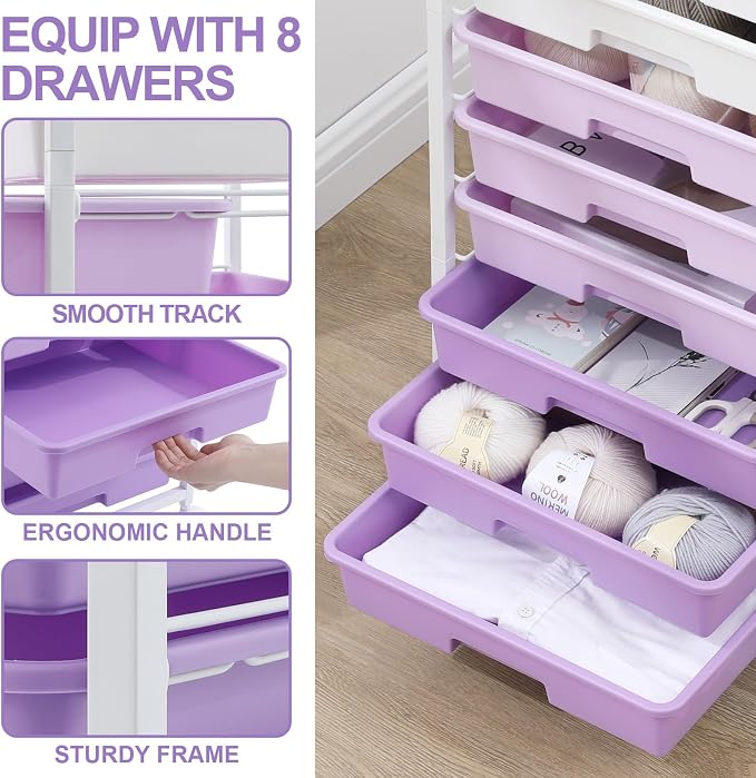 SYKIARIOL Rolling Cart with Drawers,8 Drawers Storage Cart,Purple | Craft Organizers and Storage with Wooden Tabletop for Living Room,Classroom,Bedroom,Bathroom,Dorm,Office - Image 3