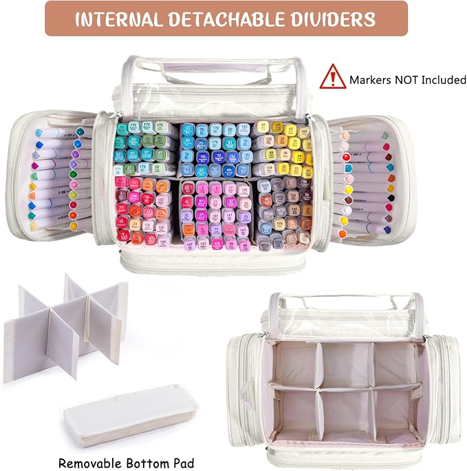 Marker Organizer Case Bag for 200-300 Markers – Large Art Supply Storage Bag with Detachable Dividers, Travel Marker Holder for Alcohol Markers, Brush Pens, Colored Pencils & Craft Supplies - Image 4