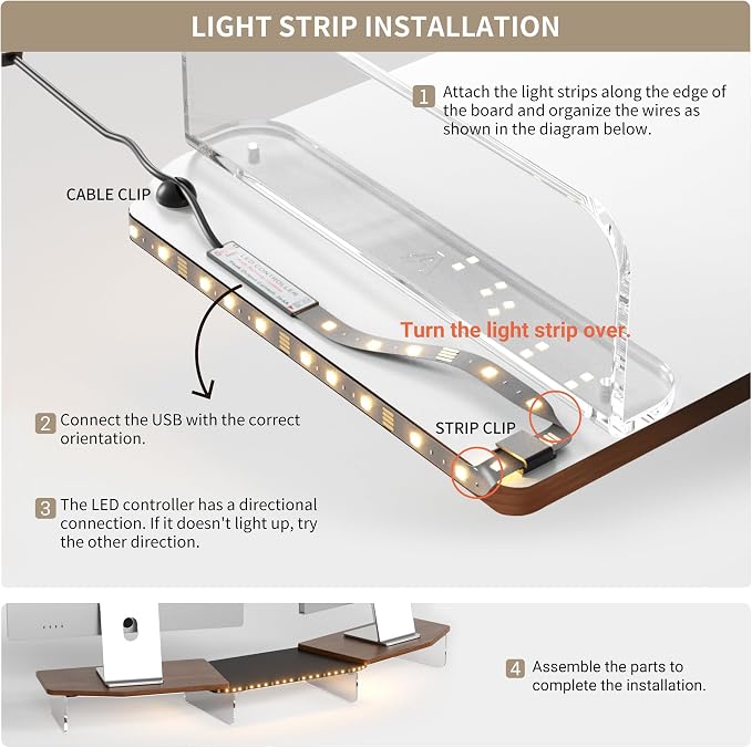 AFOOYO LED Dual Monitor Stand Riser for 2 Monitors,Office Desktop Wooden Stand Adjustable Length and Angle 3 Shelf,Extra Long Multifunctional Stand up to 44.4" for Computer,Laptop,TV,Walnut Finish - Image 5