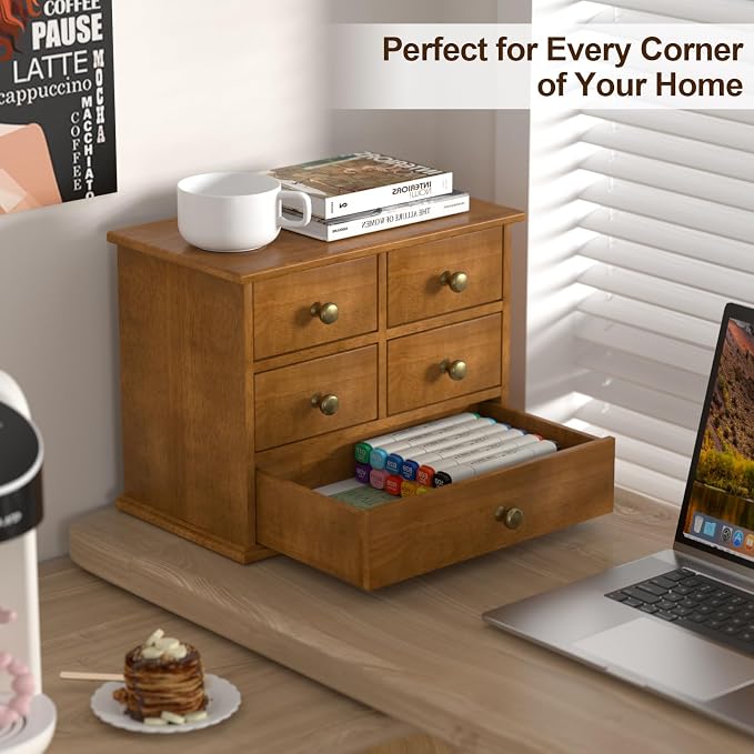 Oak Desk Organizer with Drawers, Durable Wooden Desktop Storage Box | 5 Drawer Tabletop Organizer with Metal Handles & Non-Slip Pads for Office, Bedroom, Bathroom, Vanity & Makeup Storage, Walnut - Image 4