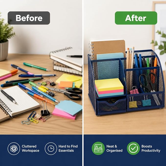 Exerz Desk Organizer/Mesh Desk Tidy/Pen Holder/Multifunctional Organizer EX348 | Compact Desktop Storage For Notes Scissors Clips Rulers Diaries Study Tools And Small Home Essentials - Image 4