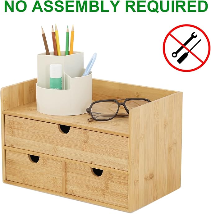 Bamboo Desk Organizer with Drawers, 3-Drawer Desktop Storage Box | 3 Drawers Open Top Tray Fully Assembled Stores Pens, Notes, Makeup, Jewelry & Toiletries for Office, Vanity & Bath - Image 4