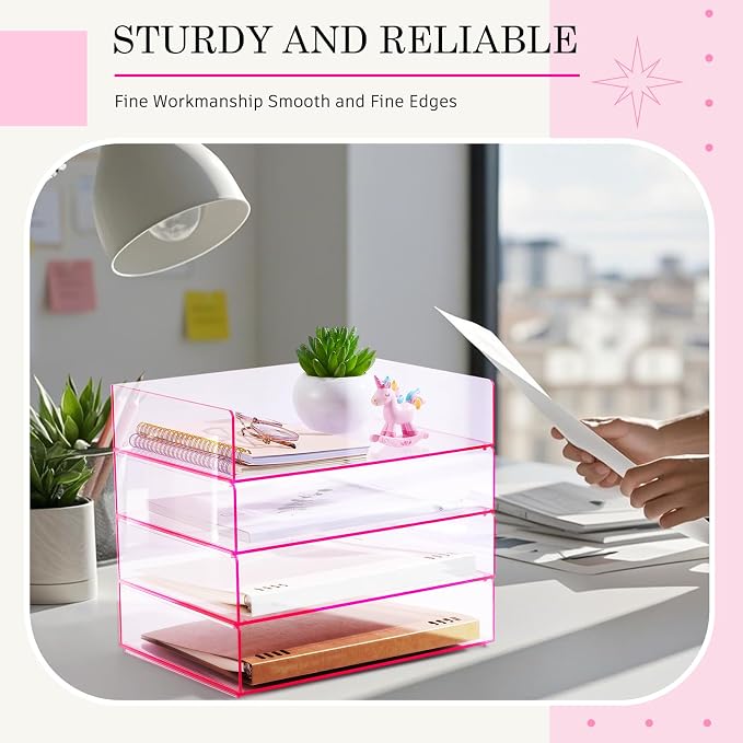 Harloon 4 Tier Paper Organizer Letter Tray Pink Acrylic Desk File Organizer Heavy Duty Stackable Documents Clear Letter Paper Holder Office Tray for A4, Office Classroom Home File Pad Notebooks - Image 6