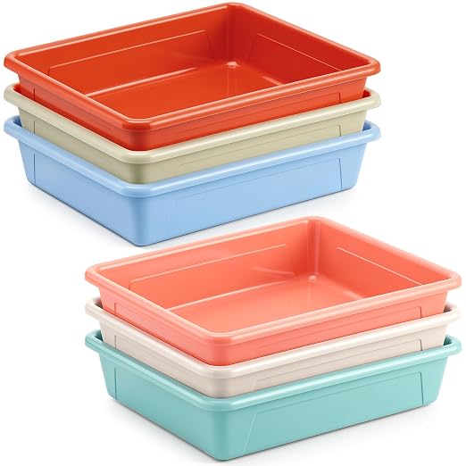 Affrolling 6 Pack Letter Size Flat Storage Tray, Stackable Plastic Organizer Bins for Classroom, Turn in Paper Tray Art Supply Baskets for Home School Office Teacher Desk Organization (Light Colors) by Affrolling