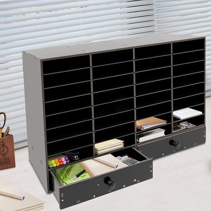Mail Sorter Organizer, Black Student Mailbox for Classroom, Desktop File Sorter, Literature Organizer, Paper Organizer for Home School Office (Black 32 Compartment with 2 Drawers) - Image 3