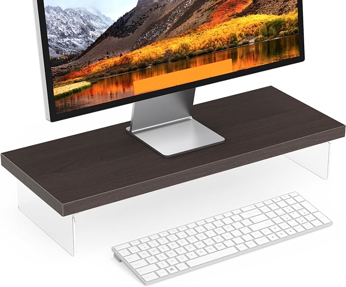 Monitor Stand Riser, 25x10 in Wood & Acrylic Computer Desk Organizer Shelf | Computer Monitor Stand With Wood & Acrylic Design; Works As Laptop Riser, Printer Stand, TV Screen Riser And Desk Organizer. by SSWOOD