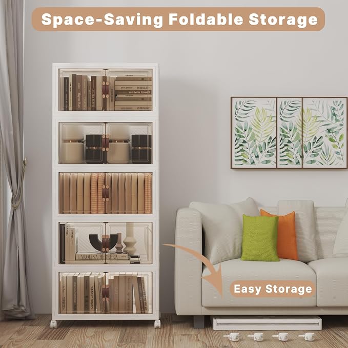 260QT Stackable Storage Bins with Lids,Doors & Wheels | Closet Organizers and Storage Cabinet, Lockable Plastic Foldable Drawers for Bedroom Dorm Office Garage（52QT*5,White） - Image 5